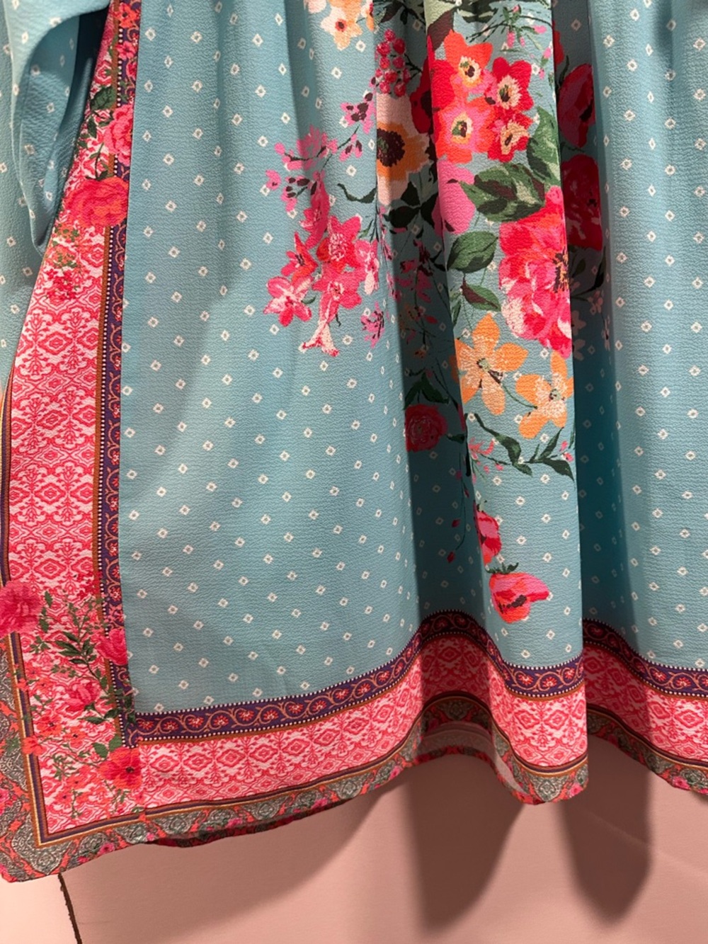 Umgee Boho Mixed Floral Print Babydoll Dress Teal Tassel Long Sleeve Ocean Large - Picture 9 of 16